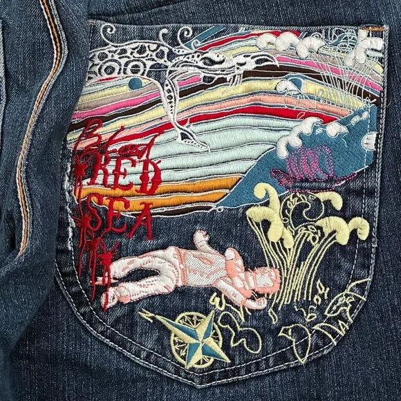 Vtg Artful Dodger Bishops Island Jeans Embroidered Baggy Y2K Streetwear 34W/34L